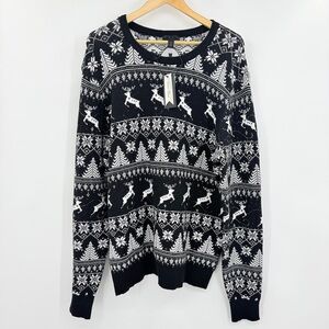 Magaschoni Mens Fair Isle Reindeer Holiday Sweater Black White Viscose Blend M